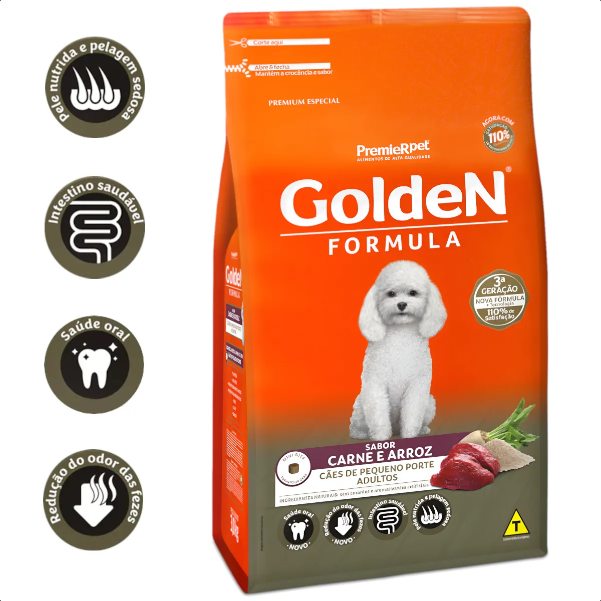 Ração Golden Fórmula Mini Bits Cães Adultos Pequeno Porte Carne e Arroz 3kg Original