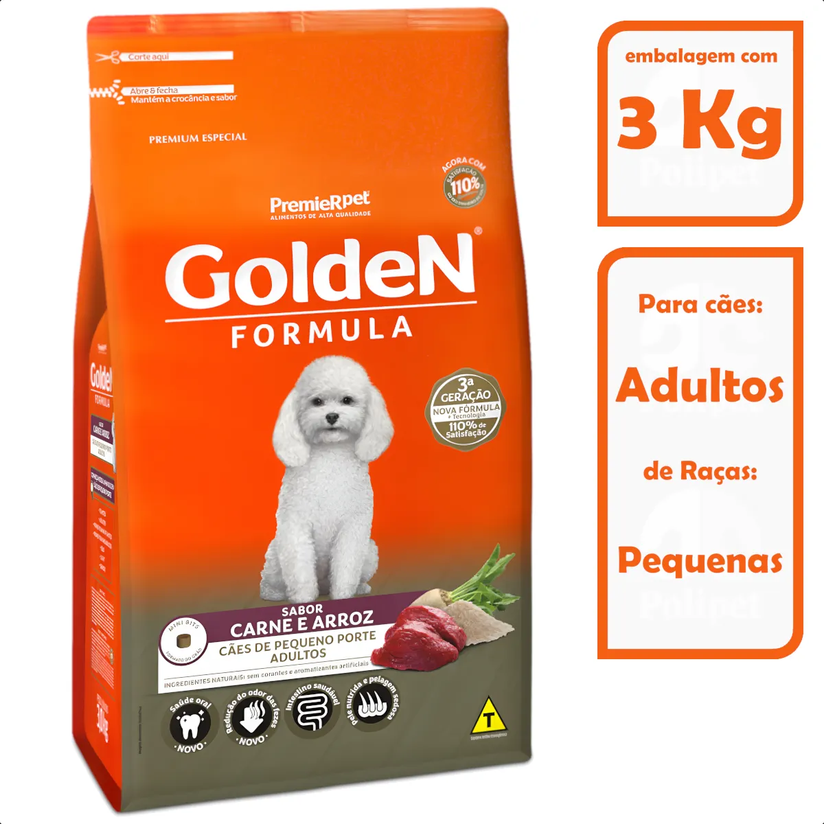 Ração Golden Fórmula Mini Bits Cães Adultos Pequeno Porte Carne e Arroz 3kg Original - Imagem 2