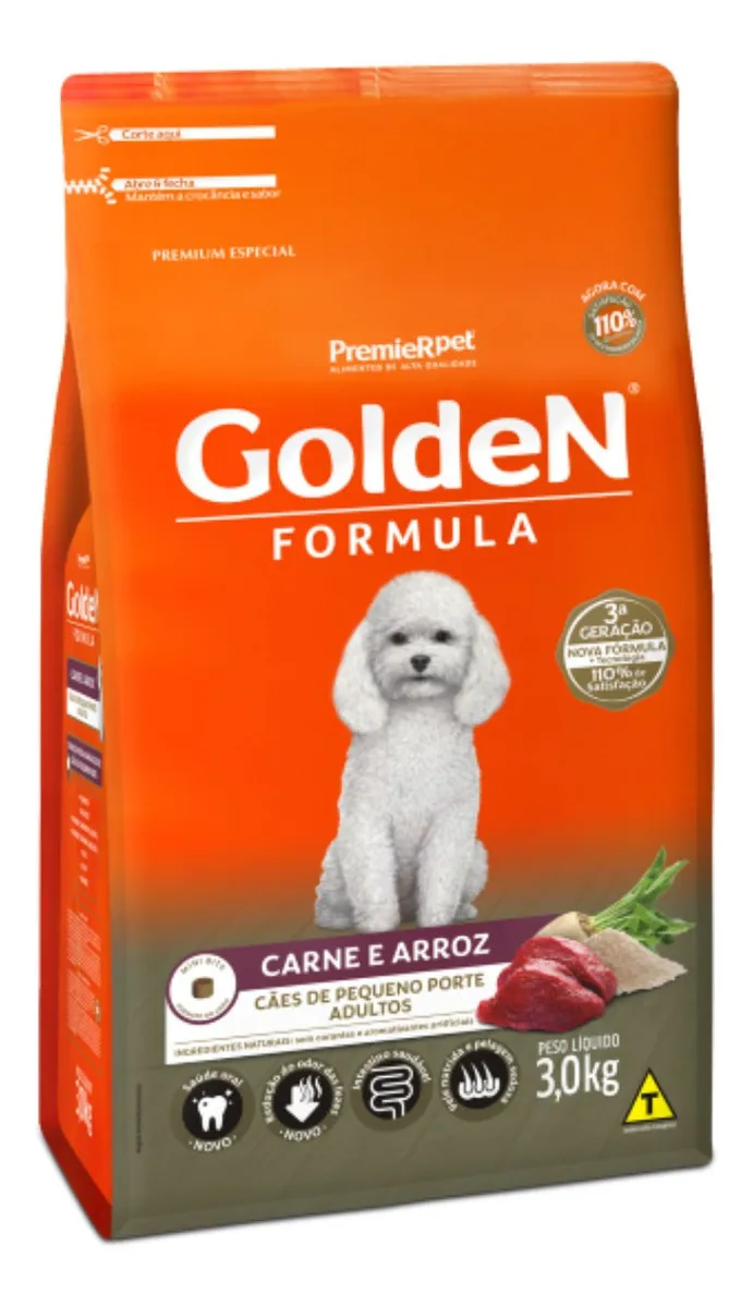 Ração Golden Fórmula Mini Bits Cães Adultos Pequeno Porte Carne e Arroz 3kg Original - Imagem 3