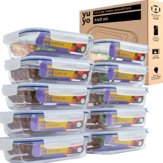 Kit 10 Potes de Vidro Marmita Hermético 640ml Freezer Fitness