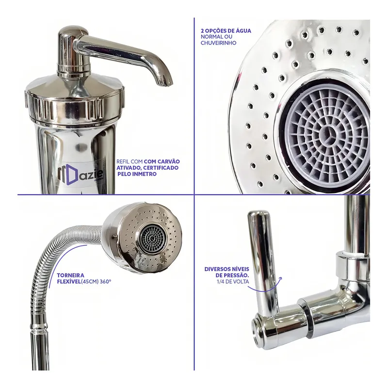 Torneira Dazie Metais Com Filtro Cozinha Para Parede Flexível Móvel Em Abs Cromado Filtro Carbon Block Purificador De Agua - Imagem 2
