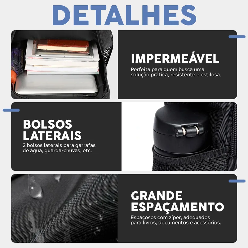 Mochila Masculina Impermeável Faculdade Alça Reforçada Preto Preto Liso - Imagem 3