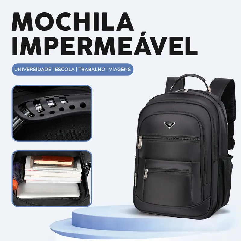 Mochila Masculina Impermeável Faculdade Alça Reforçada Preto Preto Liso - Imagem 2