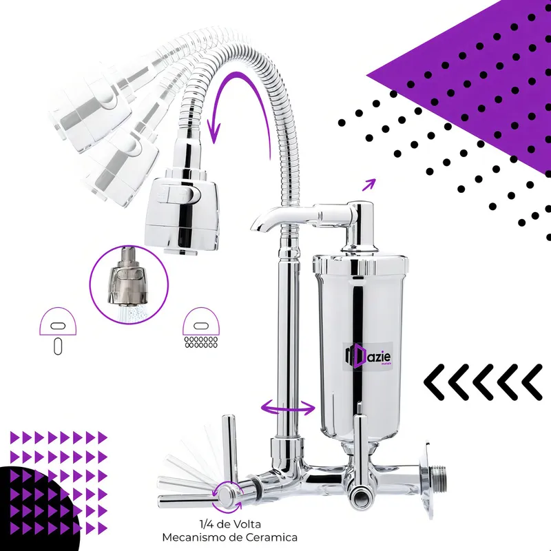 Torneira Dazie Metais Com Filtro Cozinha Para Parede Flexível Móvel Em Abs Cromado Filtro Carbon Block Purificador De Agua - Imagem 3