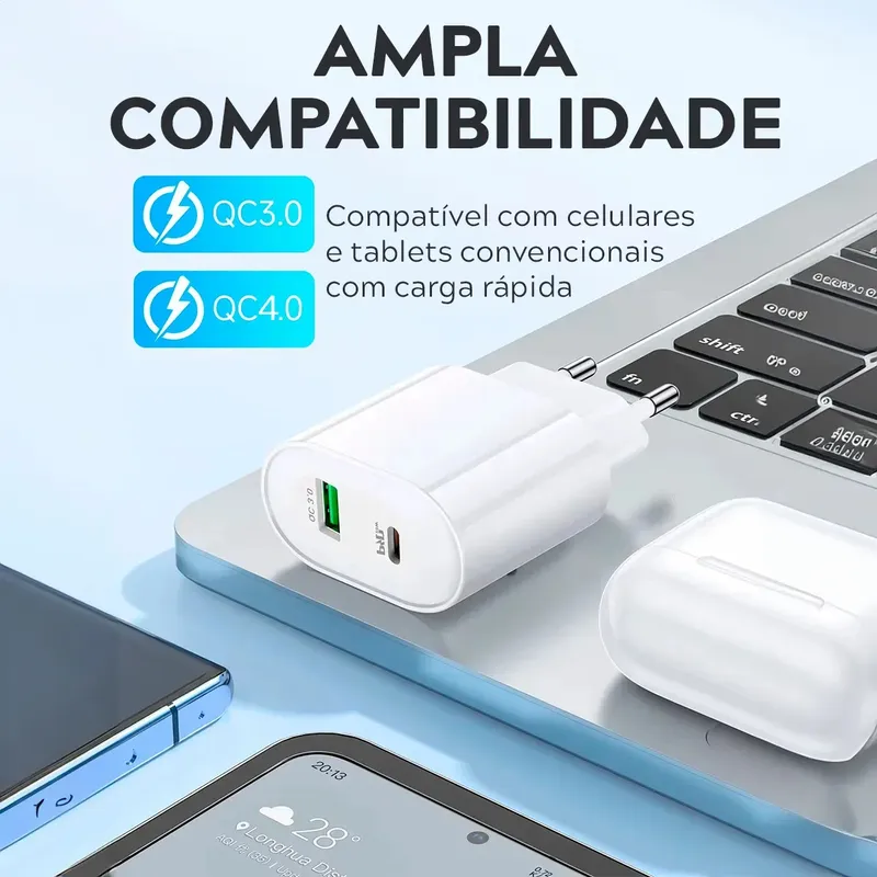 Carregador Turbo Duplo 40w Usb Tipo C Para iPhone 8 X Xr 11 12 13 14 Pro Max Dtimp - Imagem 2