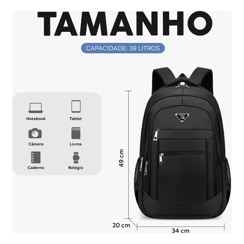 Mochila Masculina Impermeável Faculdade Alça Reforçada Preto Preto Liso - Imagem 4