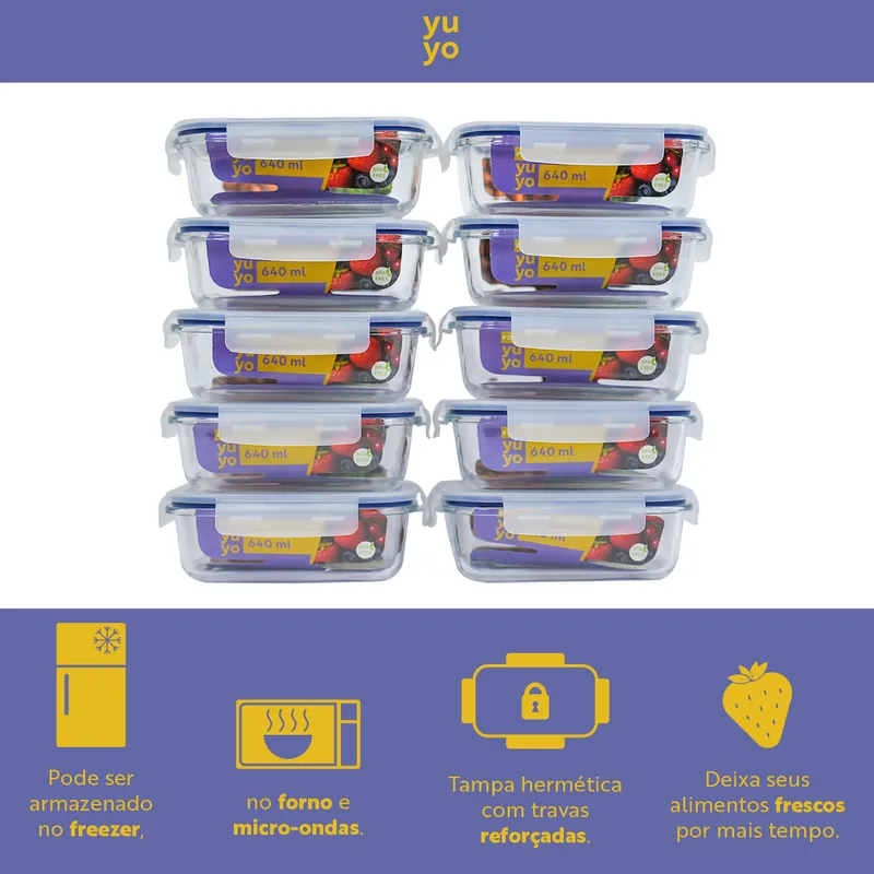 Kit 10 Potes de Vidro Marmita Hermético 640ml Freezer Fitness - Imagem 3