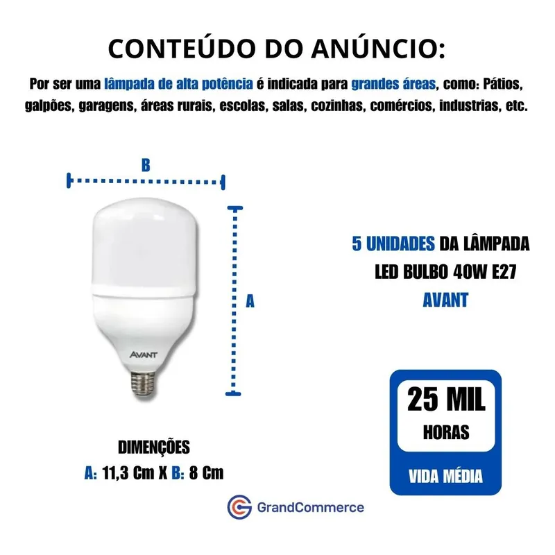 Kit 5 Lâmpada 40w Alta Potência 6500k E27 Cor da luz Branco-frio - Imagem 3