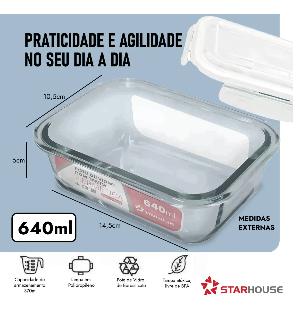 Kit 10 Potes Herméticos Vidro 640ml Starhouse Marmita - Imagem 3