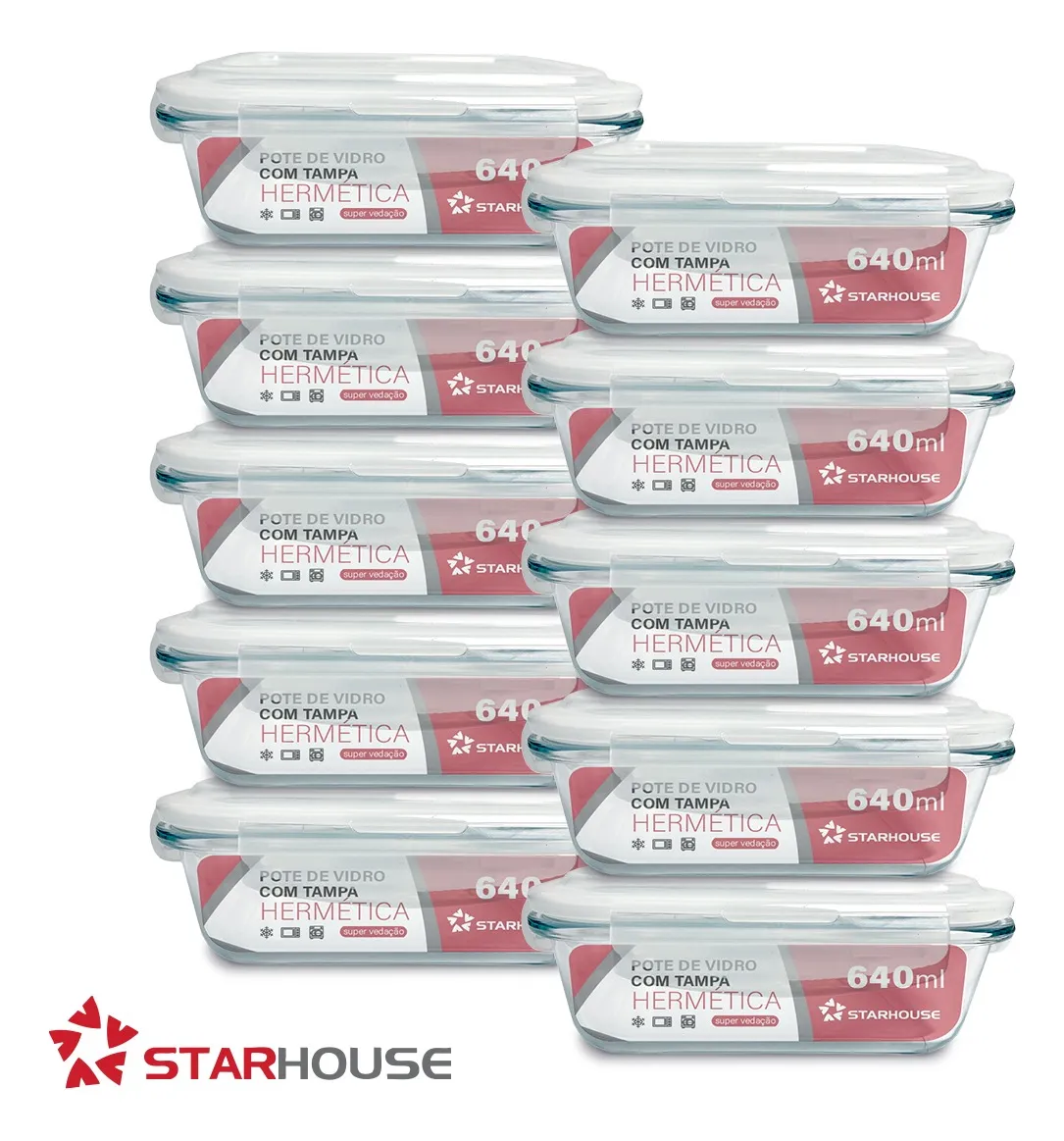 Kit 10 Potes Herméticos Vidro 640ml Starhouse Marmita