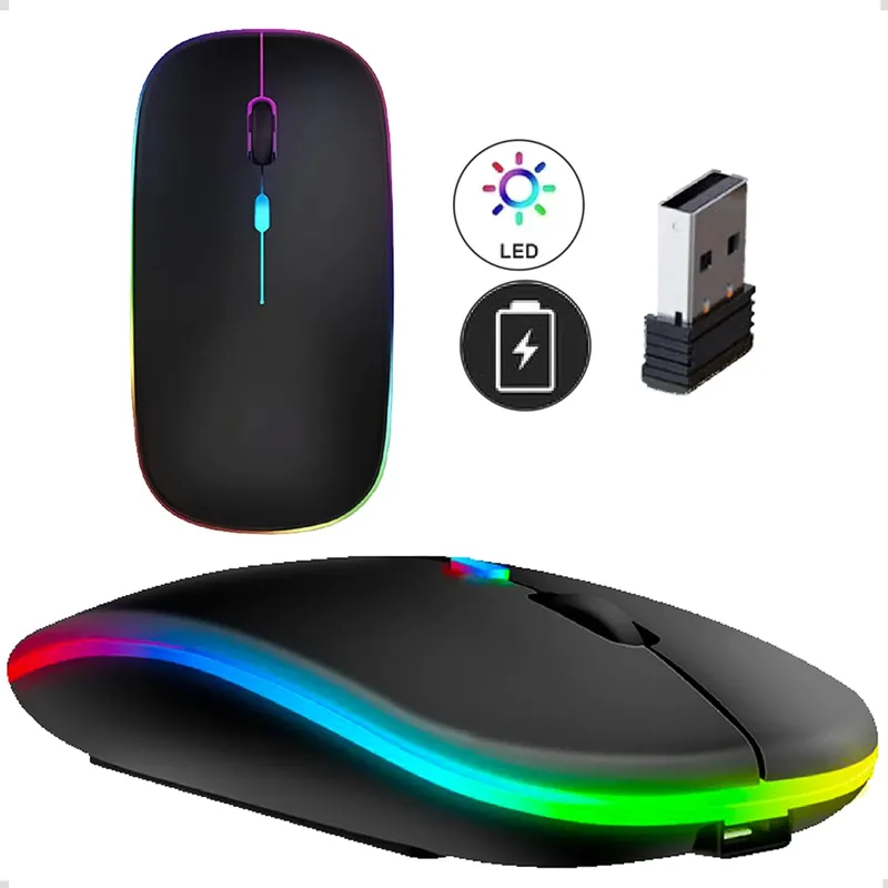 Mouse Sem Fio Recarregável Wireless Optico Led Rgb Ergonômico Sem Fio